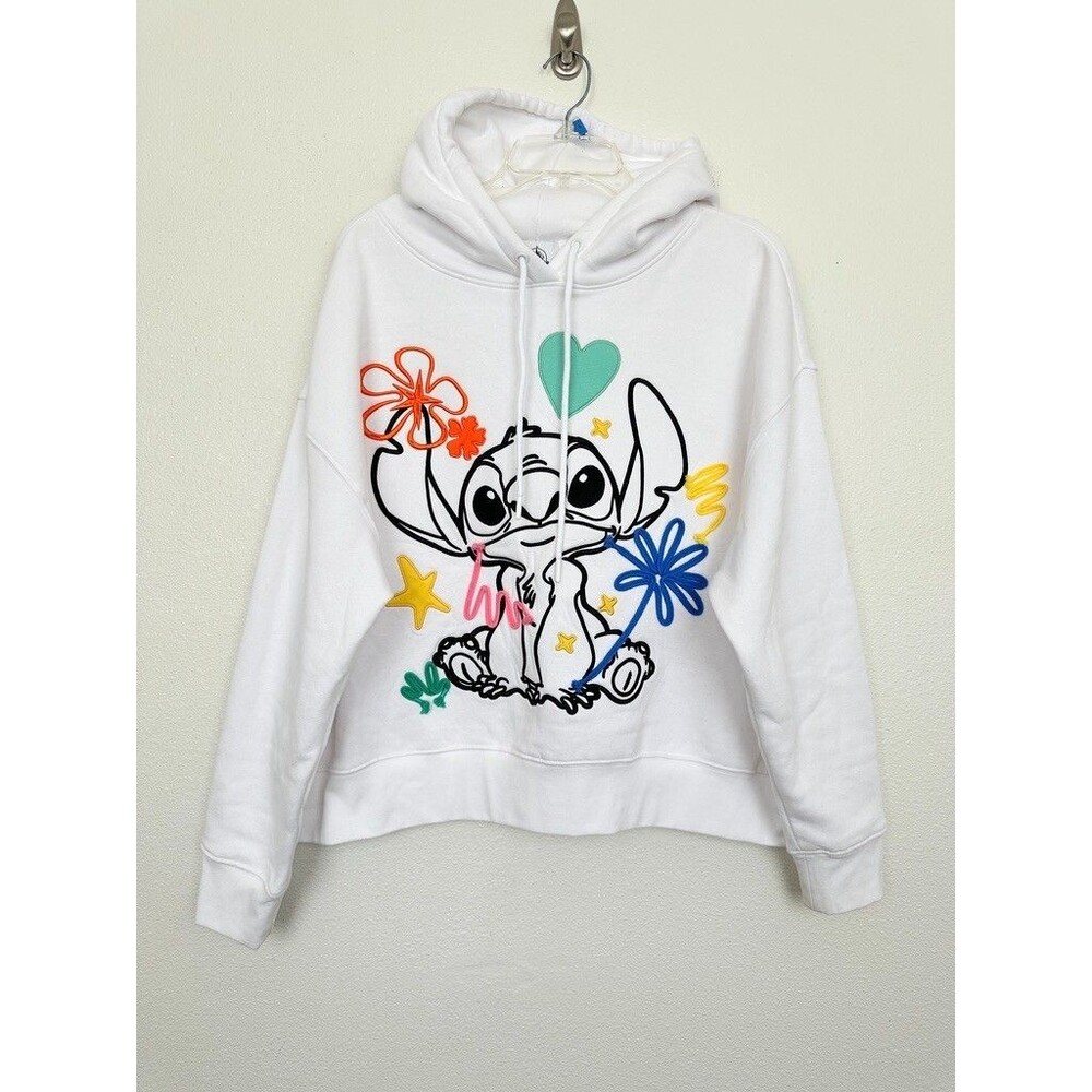 Disney Lilo & Stitch Pullover Hoodie Embroidered Graphic Floral White Women's XL
